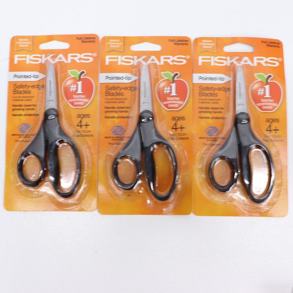 3x Fiskars Kids School Scissors Black Pointed Tip For Both Left And Right Handed